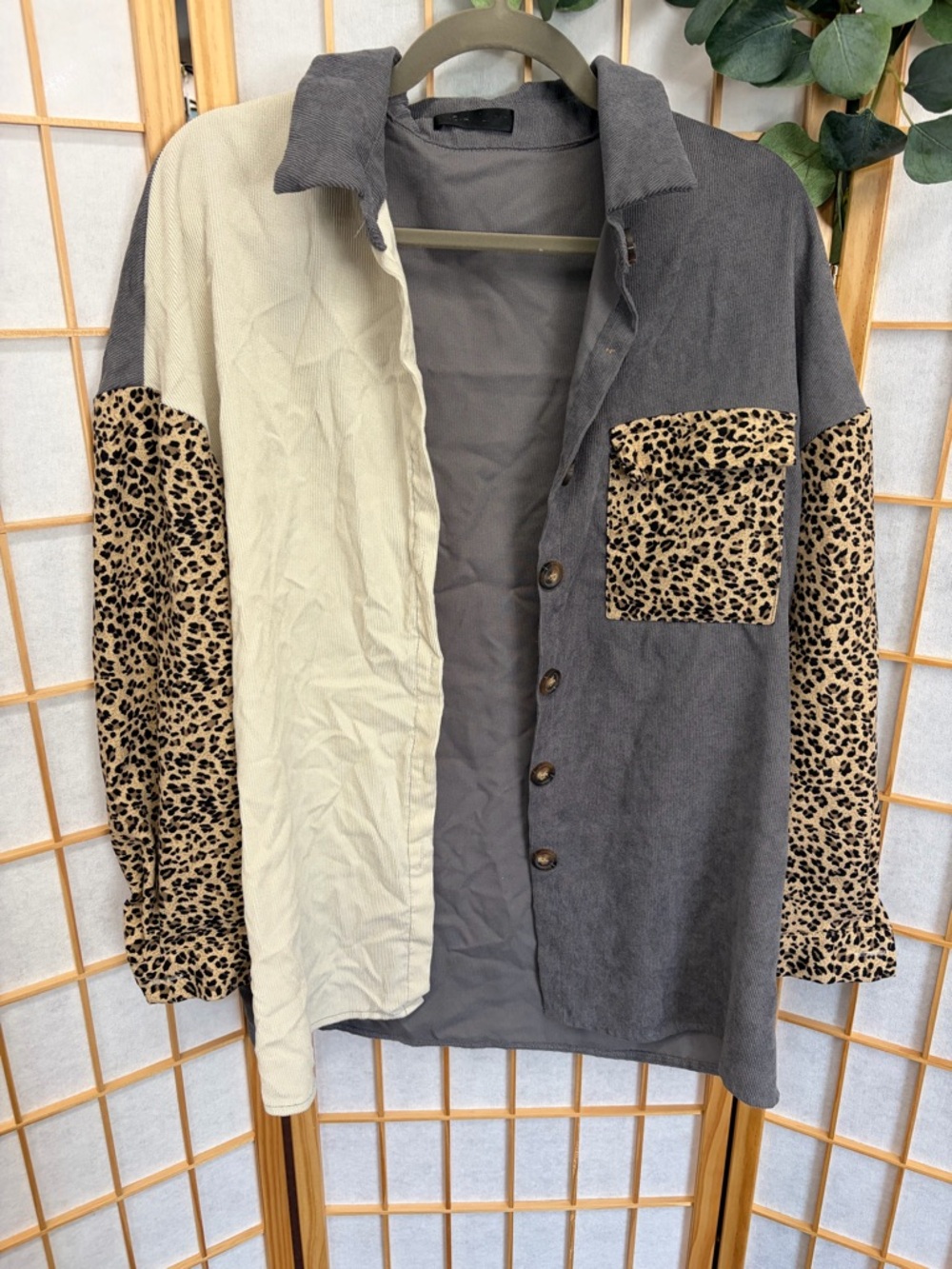 Two-Tone Gray & Cream Button-Down Shirt with Leopard Sleeve Accents